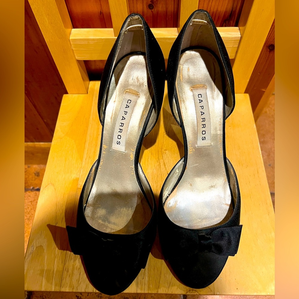 Size 9, Satin black heels; genuine leather sole